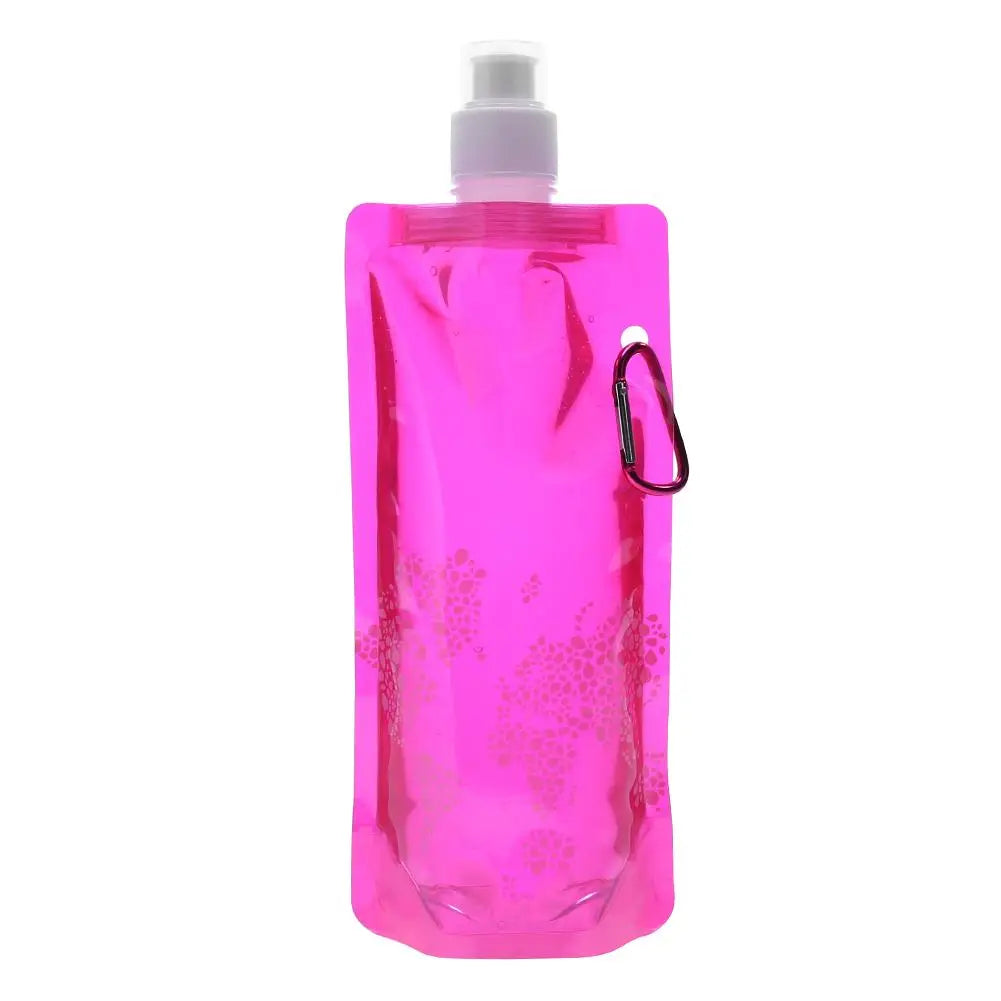 Pink foldable silicone water bottle with a leakproof cap and carabiner clip for portability EcoFlex  Hydration Bottle.